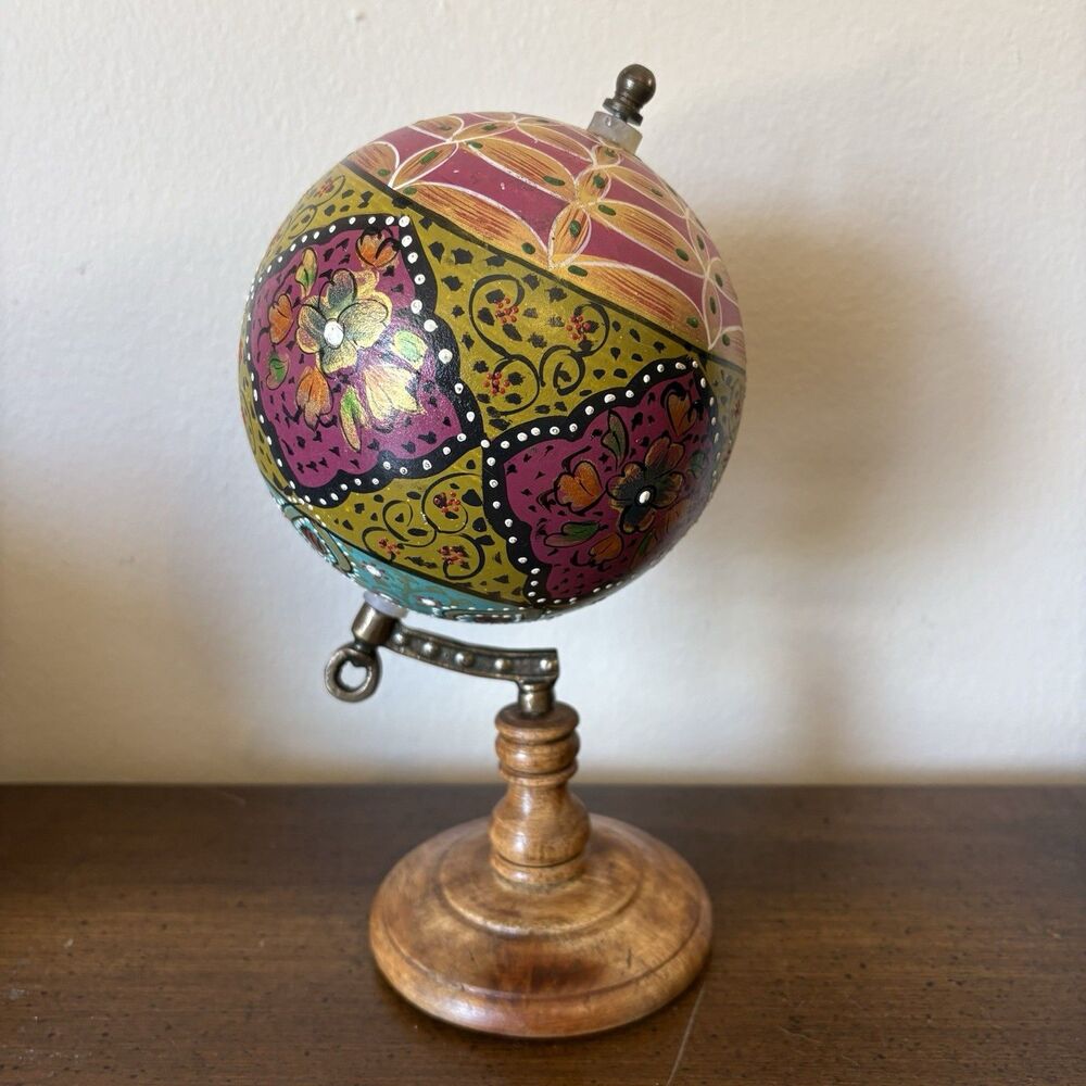 Deco 79 Hand Painted Globe Traditional  Mango Wood Base BOHO Maximalist Decor